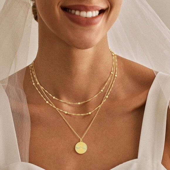 Elegant 14K Gold Layered Necklace for Women - Pearl Disc and Heart Charms - Picture 2 of 7
